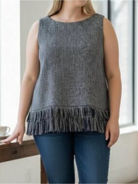 Sail to Sable Tweed Fringe Hem Sleeveless Top XL Navy Blue Silver Tank STS